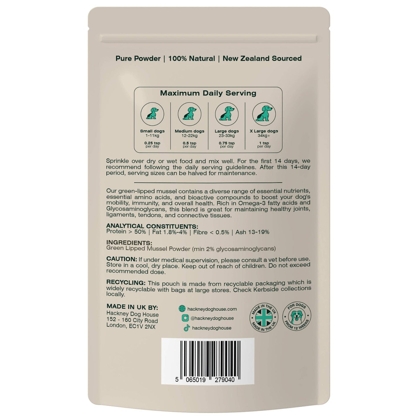 Hackney Dog House Green Lipped Mussel Powder for Dogs | 80 Servings