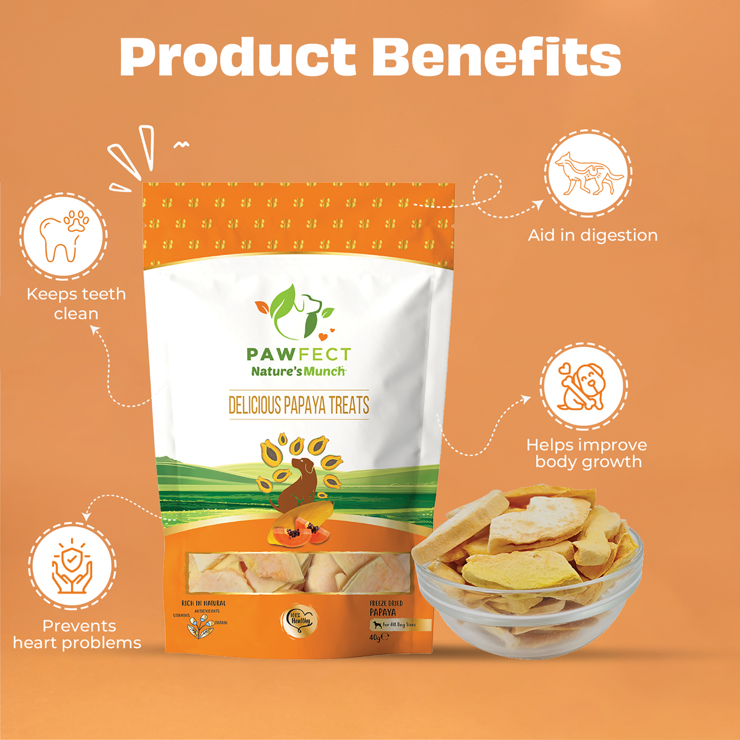 Pawfect Nature's Munch Freeze-Dried Delicious Papaya Treats for Dogs | Vegan Treat| Prevents Heart Problems | 100% Natural | Grain & Gluten Free | Low Calorie Training Treats (25g/0.88oz)
