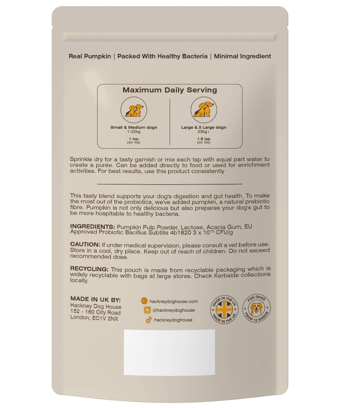 Hackney Dog House Pumpkin & Probiotics For Dogs | Real Pumpkin Powder + Probiotic