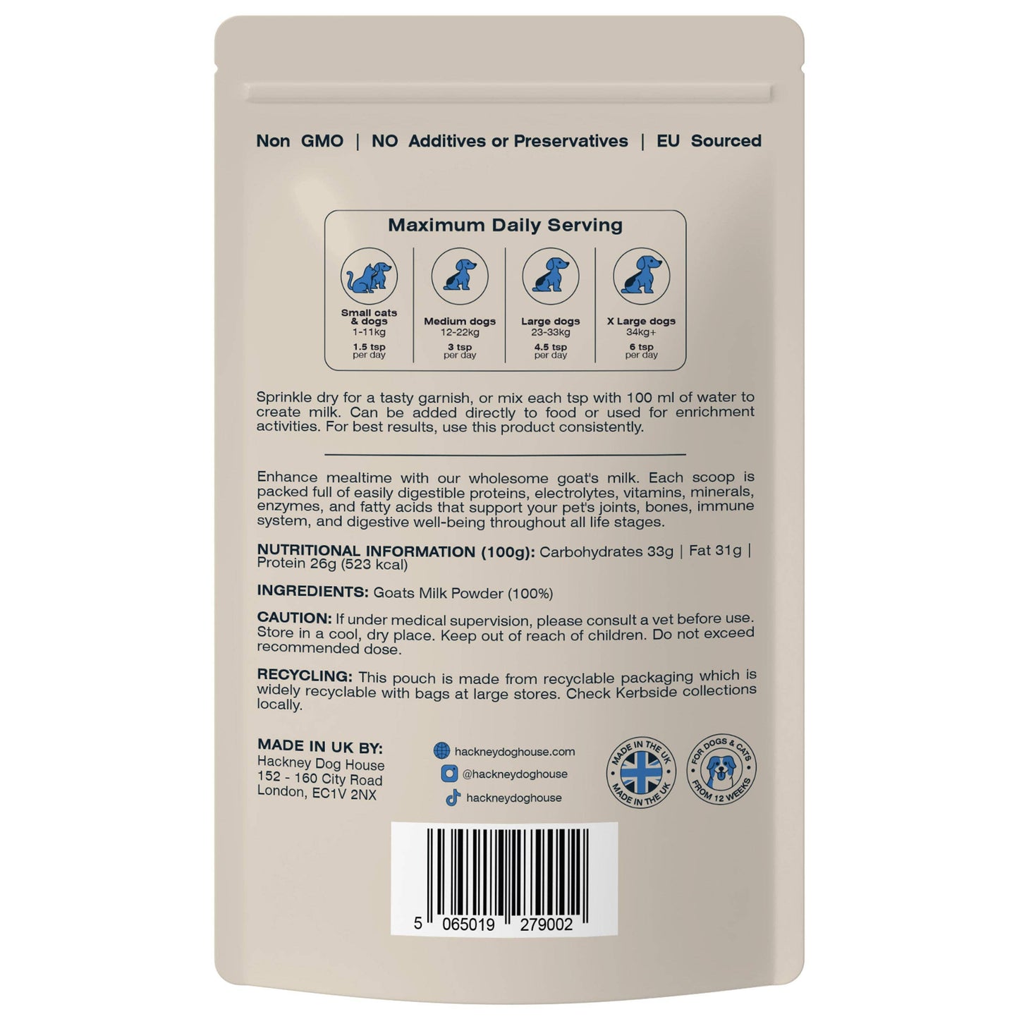 Hackney Dog House Goats Milk Powder for Dogs | Makes 6 Pints