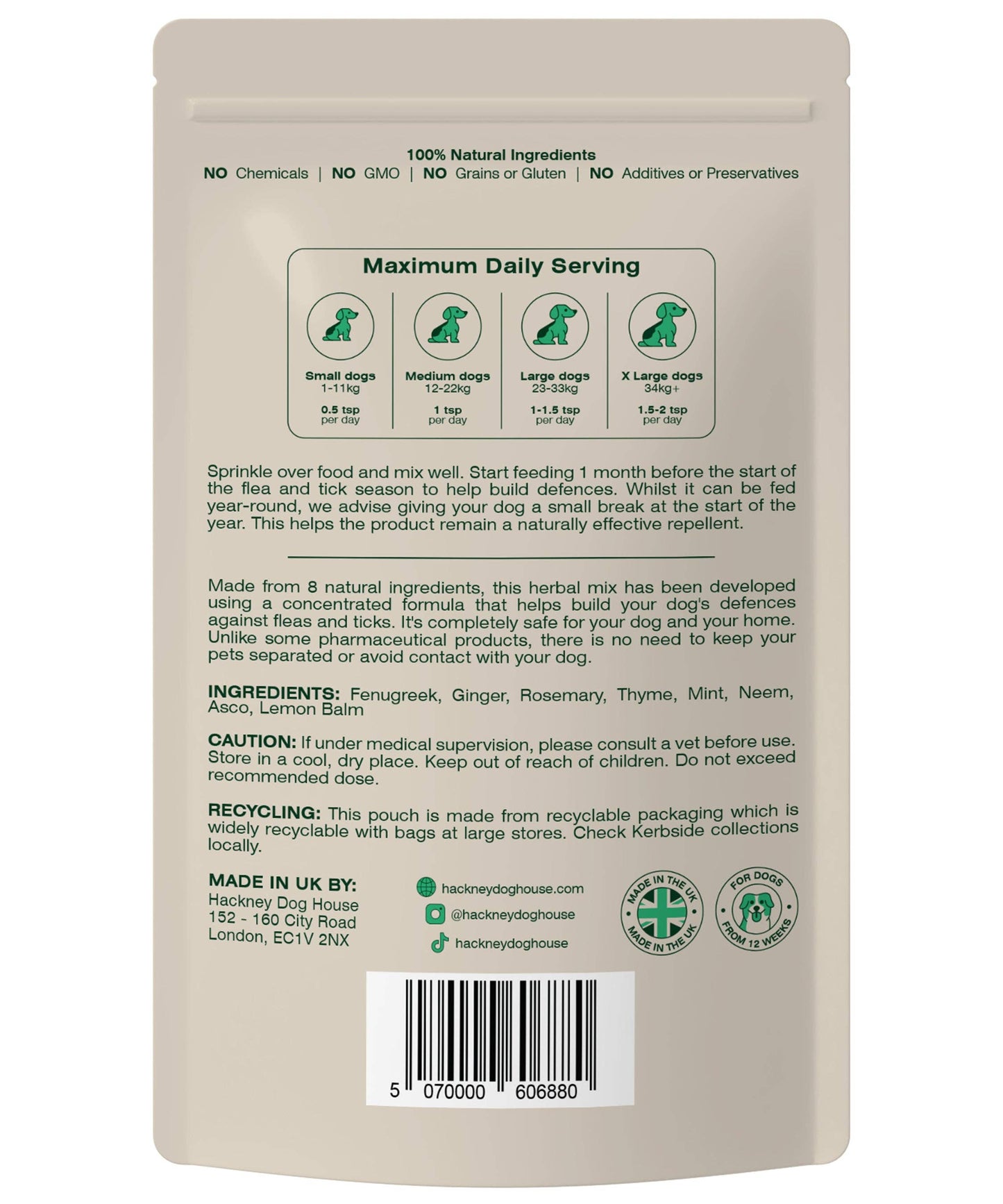 Hackney Dog House | Natural Flea and Tick Powder for Dogs | Herbal Repellent
