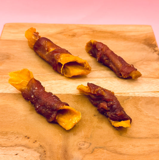 Duck Wrapped Mango Chunks