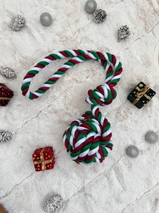 TRI-COLOURED ROPE BALL WITH HANDLE CHRISTMAS DOG TOY
